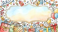 Festive celebration border frame with gift boxes, balloons, confetti, and party decorations on isolated white background, ready for design use.
