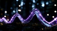 Glowing purple neon wave light trail against dark background with bokeh lights and grass silhouette creates magical nighttime atmosphere.