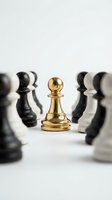 Golden chess pawn stands out among black and white pieces on board, symbolizing leadership, strategy, and standing out from crowd in business concept.