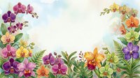 Watercolor tropical orchid frame with colorful blooms and lush green ferns on a light background, perfect for greeting cards and invitations.