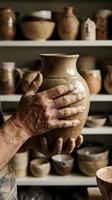 Skilled potter hands holding handmade ceramic vase in traditional pottery workshop with shelves of clay vessels and earthenware crafts for artisan home decor.