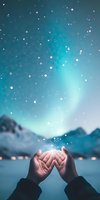 Magical cupped hands releasing glowing sparkles against snowy mountain landscape and starry turquoise night sky, creating ethereal atmosphere for spiritual concepts.
