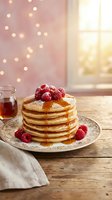 Stack of golden pancakes topped with fresh raspberries and maple syrup on rustic wooden table with warm bokeh lights creating cozy breakfast atmosphere.