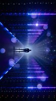 Silhouette of person floating through glowing neon tunnel with blue and purple light streaks, digital data visualization, futuristic cyberspace environment for technology and innovation concepts.