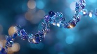 Shimmering DNA molecule structure with water drops and bokeh effect on blue background, scientific concept for genetics and biotechnology research.