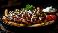 Grilled chicken breast with creamy sauce and roasted potatoes on cast iron pan, garnished with fresh herbs and cherry tomatoes. Dark rustic food photography.