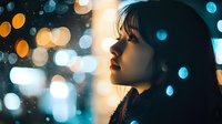 Young Asian woman in profile against blurred city lights background creating dreamy bokeh effect with orange and blue glowing circles at night.
