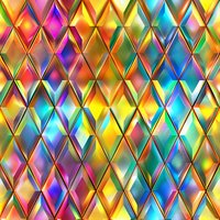 Vibrant rainbow colored diamond pattern with metallic holographic effect creates seamless geometric background. Multicolored rhombuses form repeating luxurious texture.