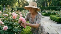 Senior woman with light skin tone wearing a straw hat and floral dress tends to blooming pink roses in a formal garden setting, ideal for gardening, lifestyle, and horticultural content.