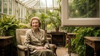 Senior Caucasian woman relaxing in sunroom conservatory surrounded by lush green plants and natural light creating peaceful indoor garden atmosphere.