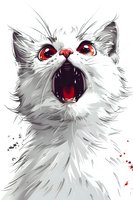 Dramatic white cat with red eyes and open mouth showing fangs in anime style artwork against white background, artistic ink splatter elements.