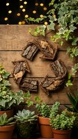 Eco-friendly recycling symbol made from natural bark and twigs surrounded by green plants and succulents on rustic wooden background with warm bokeh lights.