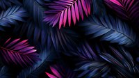 Vibrant palm leaves in neon pink and deep blue colors on black background create dramatic tropical pattern for fashion and interior design projects.