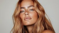 Young woman with glowing bronzed skin, full lips, and flowing honey blonde wavy hair against neutral background, showcasing natural summer beauty makeup look.