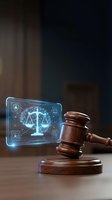 Wooden judge gavel with futuristic holographic legal technology interface displaying scales of justice and digital law icons on desk.