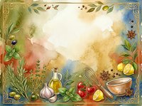 Watercolor cooking ingredients frame with fresh vegetables, herbs, olive oil bottle, and ceramic bowl on aged parchment background. Culinary design element for recipe cards, menus, food blogs.