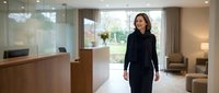 Professional businesswoman in dark suit walking through modern office lobby with reception desk and contemporary furniture in corporate environment.