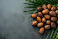 Fresh dates fruit arranged on palm leaves against dark stone background for healthy organic food and Middle Eastern cuisine concepts.