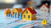 Colorful miniature houses on financial chart background showing real estate market trends and property investment analysis for housing sector growth.