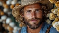 Smiling bearded Caucasian man in straw hat with curly blonde hair against yellow flowers background, natural outdoor portrait showing genuine happiness.