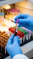 Laboratory technician in blue gloves holding blood sample tube with barcode in medical testing facility with colorful test tubes in background.