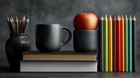 Back to school supplies with colorful pencils, books, apple and coffee mug on dark background for education and learning concepts.