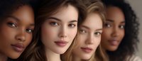 Diverse group of young women with different skin tones and features posing together in natural makeup and neutral tones, representing beauty and inclusivity in cosmetics industry.