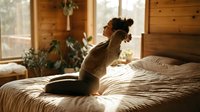 Young woman with dark hair in a bun, wearing a beige sweater, stretching on a bed in a wooden cabin bedroom with natural light and potted plants nearby.