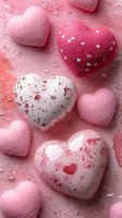 Pink and white heart-shaped bath bombs with water droplets on pink background. Romantic spa composition with decorative hearts and splashes for Valentine's Day.