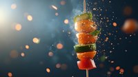 Fresh vegetable and salmon kebab with cucumber, tomato and bell pepper on wooden skewer against dark background with bokeh lights and spice particles.