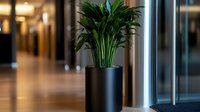Elegant green palm plant in modern black cylindrical pot standing in office hallway with blurred background, creating minimalist interior design atmosphere.