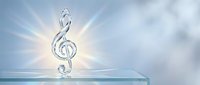 Crystal treble clef music symbol on glass surface with radiant light beams and soft clouds background for musical themes and sound design projects.