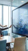 Businessman in business casual attire gestures toward interactive digital display showing network diagram and data analytics in modern glass-walled conference room with city views, representing technology strategy and business solutions.