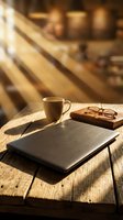Laptop, coffee mug, and eyeglasses arranged on wooden table in warm sunlight, creating productive workspace atmosphere for remote work and creative projects.