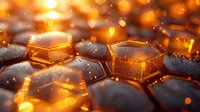Glowing hexagonal shapes with golden light effects and bokeh on dark background create futuristic technological pattern for digital concept designs.