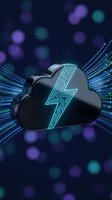 Black cloud with glowing lightning bolt and digital circuit patterns surrounded by dynamic light rays on dark background with bokeh effects for tech concepts.