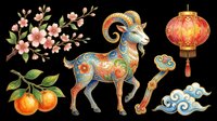 Festive Asian-inspired design elements collection featuring ornamental goat figurine, decorative lantern, blossoming branches, citrus fruits, and cloud motifs. Isolated on transparent background, ready for t-shirts, clipart, stickers, sublimation, and print-on-demand projects.