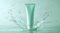 Mint green cosmetic tube with dynamic water splash effect on aqua background, showcasing skincare product packaging with fresh, clean aesthetic appeal.
