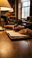Senior man writing in notebook at wooden desk with warm lamp light in cozy library study room for journaling and creative work.
