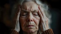 Elderly Caucasian woman experiencing severe headache holding temples with closed eyes showing pain and stress in moody lighting for healthcare concepts.
