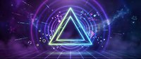 Futuristic neon triangle portal with glowing geometric patterns and cosmic energy effects on dark purple background with grid floor.