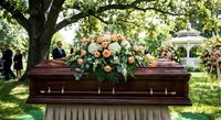 Elegant wooden casket adorned with peach roses and greenery at outdoor funeral service under shade tree with mourners and gazebo in peaceful cemetery setting.