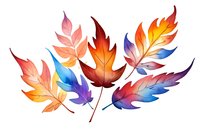 Vibrant autumn leaves in watercolor style featuring gradient colors from warm orange to cool purple, arranged in artistic composition on white background.