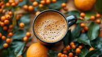 Frothy coffee cup surrounded by fresh orange berries and green leaves creating warm autumn morning beverage scene for seasonal cafe marketing materials.