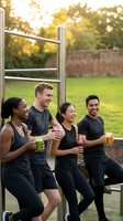 Diverse group of friends relaxing after outdoor workout session, enjoying healthy drinks and socializing at park fitness area during golden hour sunset.