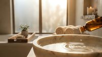 Luxury spa bath with essential oil being poured into warm water, creating ripples in serene bathroom setting with candles and natural light for relaxation.