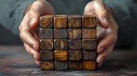 Hands holding wooden puzzle cube with textured blocks in dark brown and golden tones against blurred background, demonstrating problem solving concept.