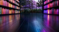 Modern library interior with colorful book spines creating vibrant reflections on polished wooden floor. Window view shows purple blooming trees in twilight atmosphere.