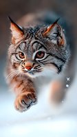Close-up portrait of wild lynx face with amber eyes and distinctive ear tufts in winter snow, showing paw reaching forward through soft white powder.