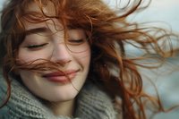 Young woman with flowing red hair smiling with eyes closed, wearing gray knit scarf on windy day. Natural beauty portrait capturing joyful carefree moment.